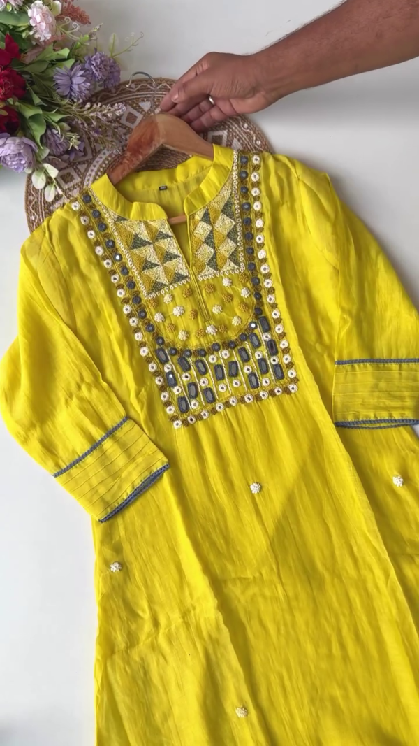 Vibrant Yellow Cotton Suit Set with Hand-Embroidered Mirror Work and Geometric Thread Detailing – Paired with a Soft - Image 2