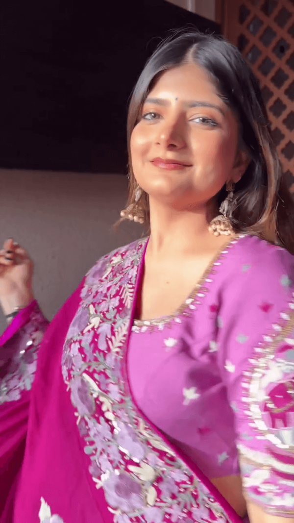Radiant Purple Lehenga Set with Fuchsia Pink Dupatta – Adorned with Intricate Floral Thread Embroidery and Pearl Tassels for a Stunning Festive Look - Image 2