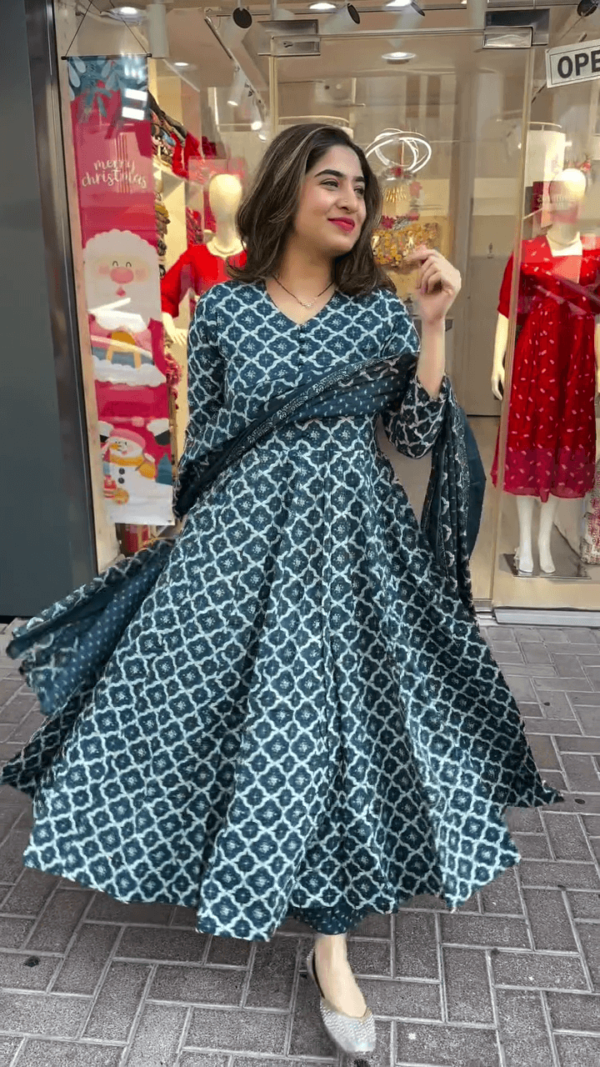 Floral Printed Blue Anarkali Dress with Matching Dupatta for a Stylish and Graceful Look