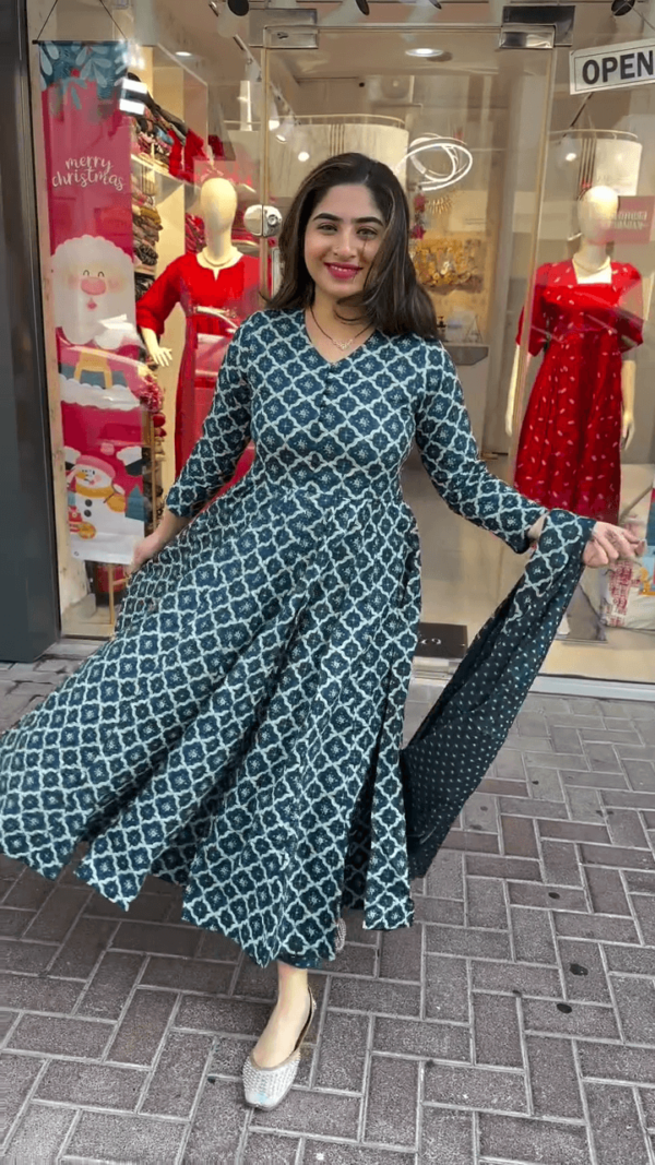 Floral Printed Blue Anarkali Dress with Matching Dupatta for a Stylish and Graceful Look - Image 2