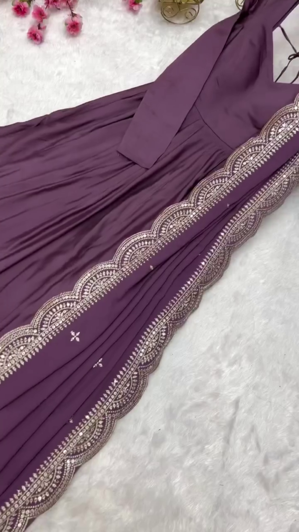 Elegant Wine-Purple Anarkali Gown with Embroidered Dupatta – Full-Length Flared Dress for Women with 3/4 Sleeves, Ideal for Festive & Wedding Wear - Image 2