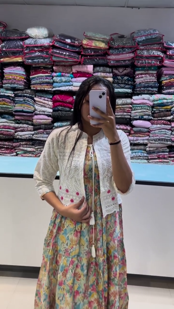 A floral multicolored maxi dress paired with a cropped white embroidered jacket adorned with pink threadwork. A vibrant, cheerful look ideal for brunch dates, festive gatherings, or casual daywear with a boho twist. - Image 2
