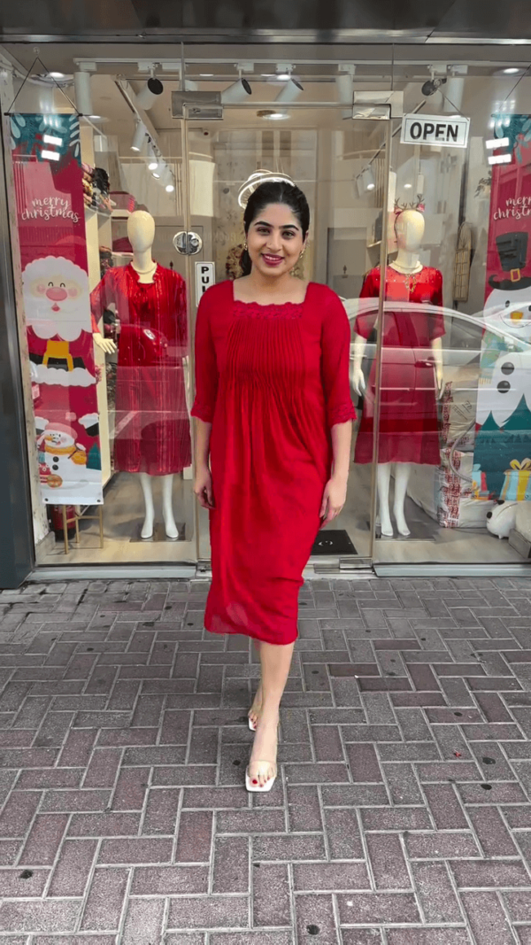 Elegant Red Pleated Dress with Floral Neckline Detailing for a Chic and Classy Look - Image 2