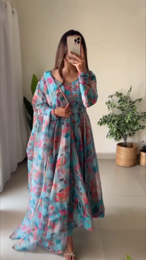 Pastel Blue and Pink Floral Organza Anarkali Set with Flowy Dupatta and Gathered Sleeves – A Dreamy and Lightweight Ethnic Ensemble for Summer Festivities, Mehndi Events, and Elegant Daytime Celebrations