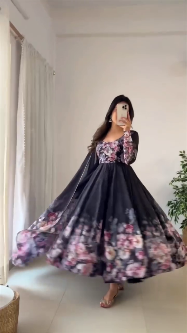 Elegant Black Floral Organza Anarkali Suit with Romantic Rose Print, Full Sleeves, and Matching Dupatta – Perfect for Evening Parties, Wedding Receptions, and Festive Occasions