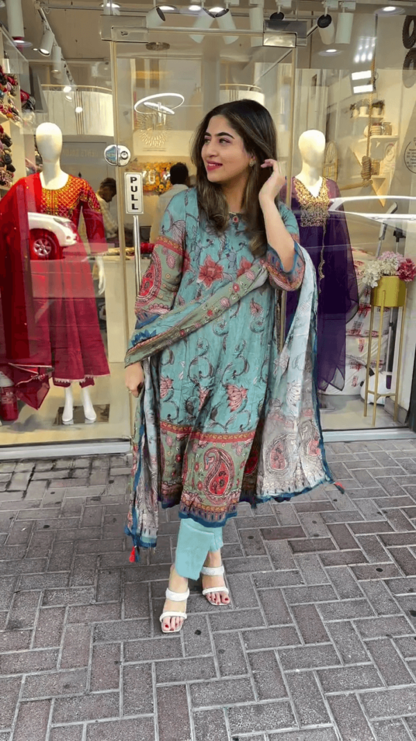 Beautiful Floral Printed Teal Green Suit with Matching Dupatta for an Elegant and Refreshing Look