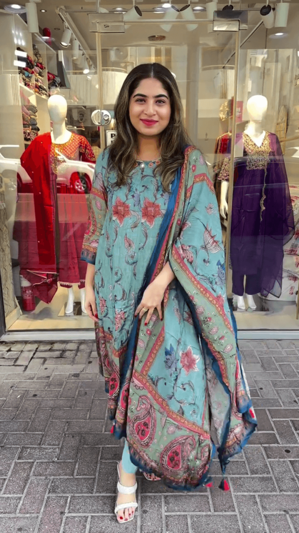 Beautiful Floral Printed Teal Green Suit with Matching Dupatta for an Elegant and Refreshing Look - Image 2