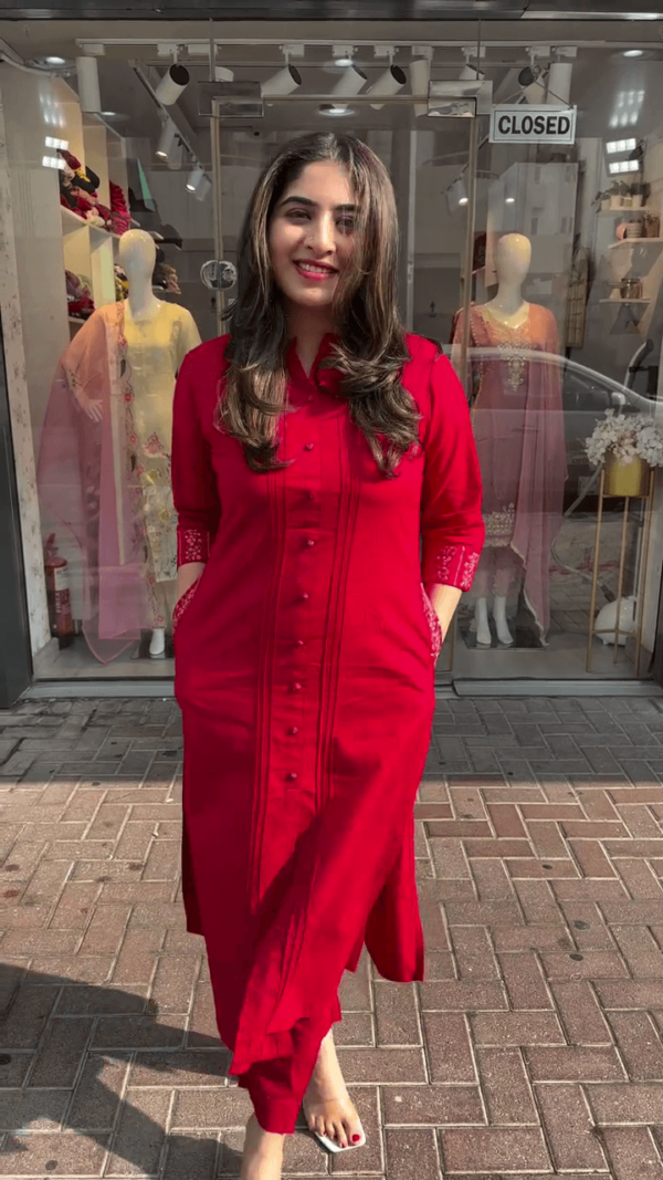 Vibrant Red Embroidered Buttoned Kurta with Elegant Detailing for a Graceful and Stylish Look