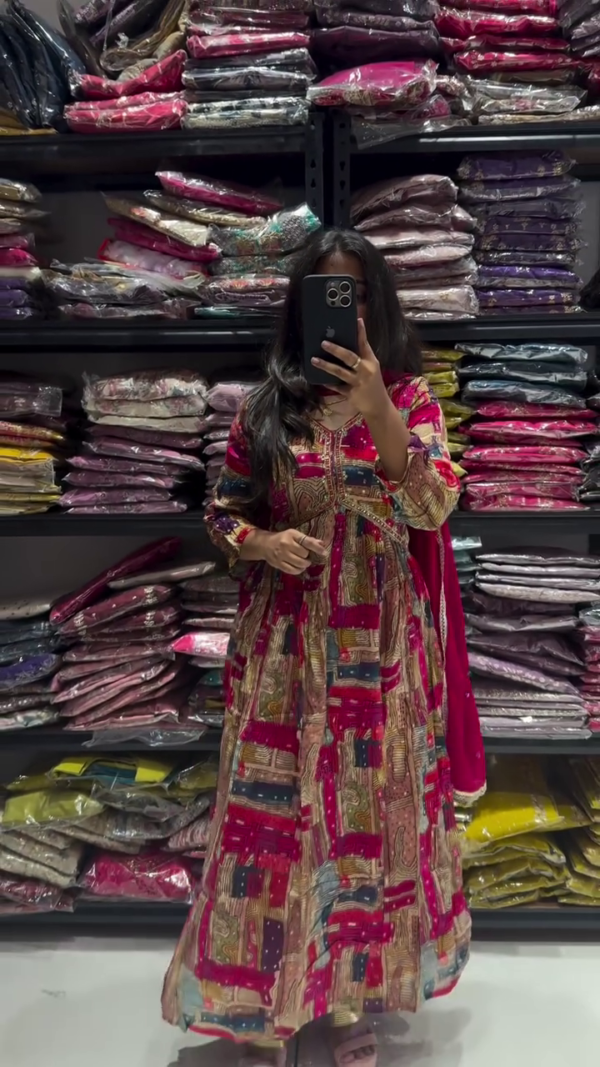 Vibrant Multicolor Ethnic Print Anarkali Kurta with Traditional Patchwork Design and Red Dupatta – Full Sleeves, Flared Silhouette – Ideal for Festive Wear, Cultural Events, and Ethnic Celebrations