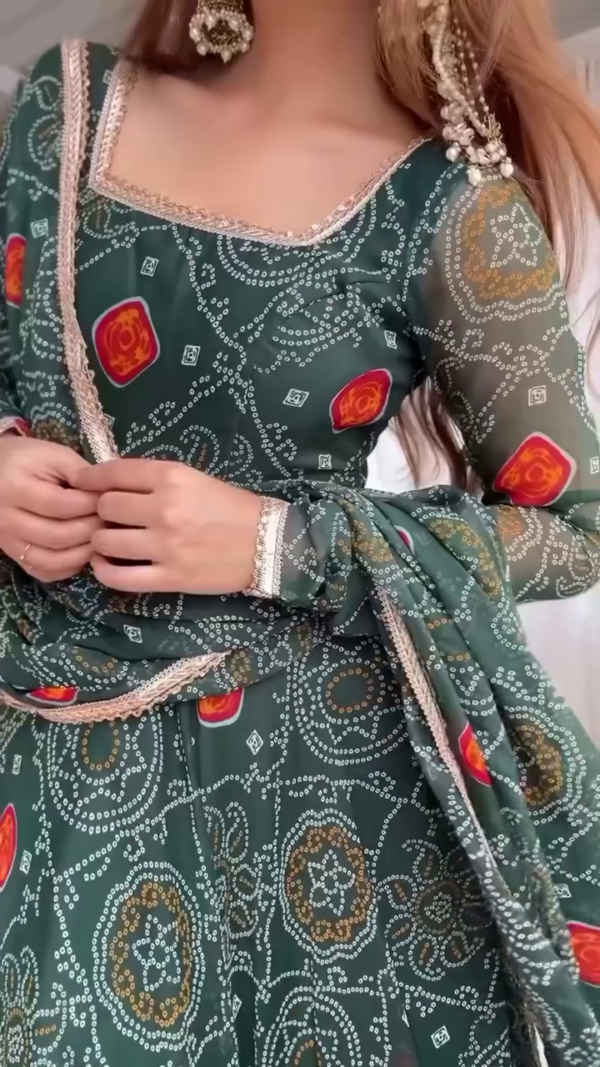 Elegant Bandhani Print Anarkali Suit with Dupatta – Traditional Rajasthani Style | Soft Georgette Fabric | Festive & Ethnic Wear