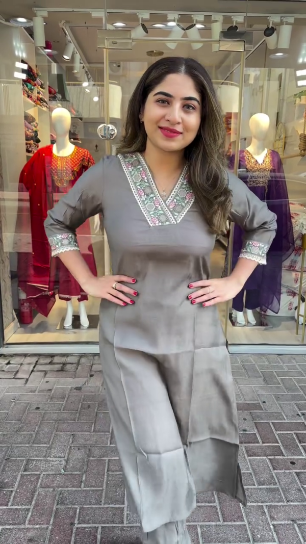 Grey Straight-Cut Kurta Set Featuring Intricate Floral Embroidery on V-Neckline, Sleeves, and Pant Hem – Minimalist Design in Soft Fabric for a Chic and Comfortable Look, Perfect for Office Wear, Casual Outings, and Semi-Formal Occasions - Image 2