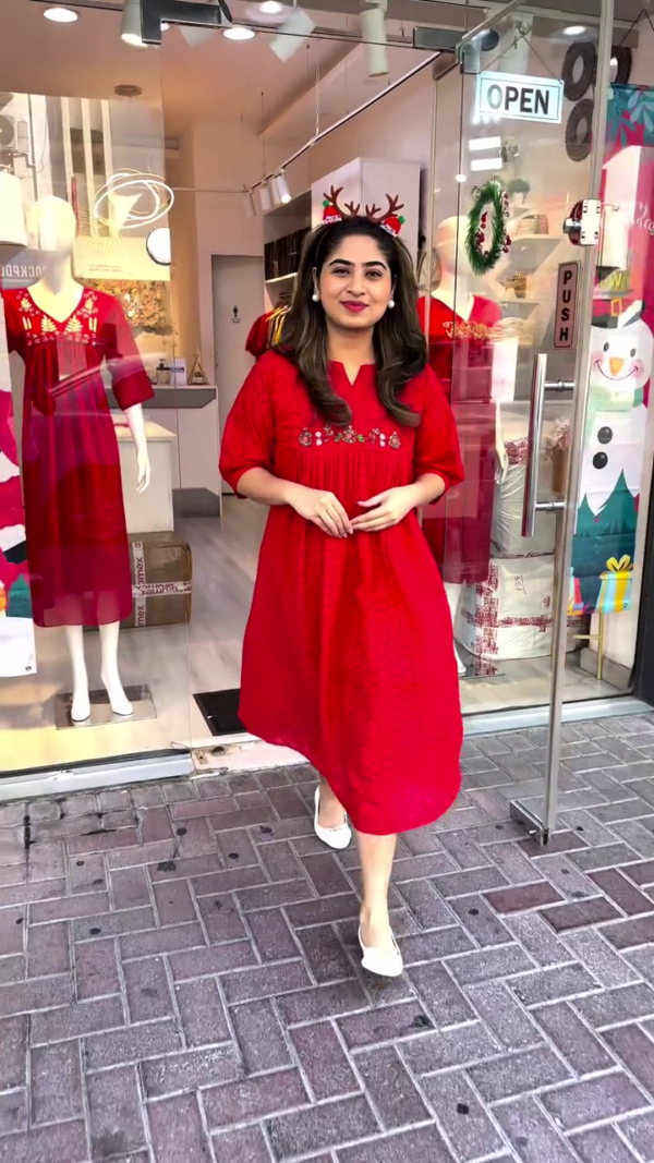 Festive Red A-Line Kurta Dress Set with Delicate Embroidered Yoke and Printed Pattern Dupatta – Soft, Flowing Fabric with Elbow Sleeves and Notched Neckline, Perfect for Celebrations, Day Events, and Cheerful Gatherings