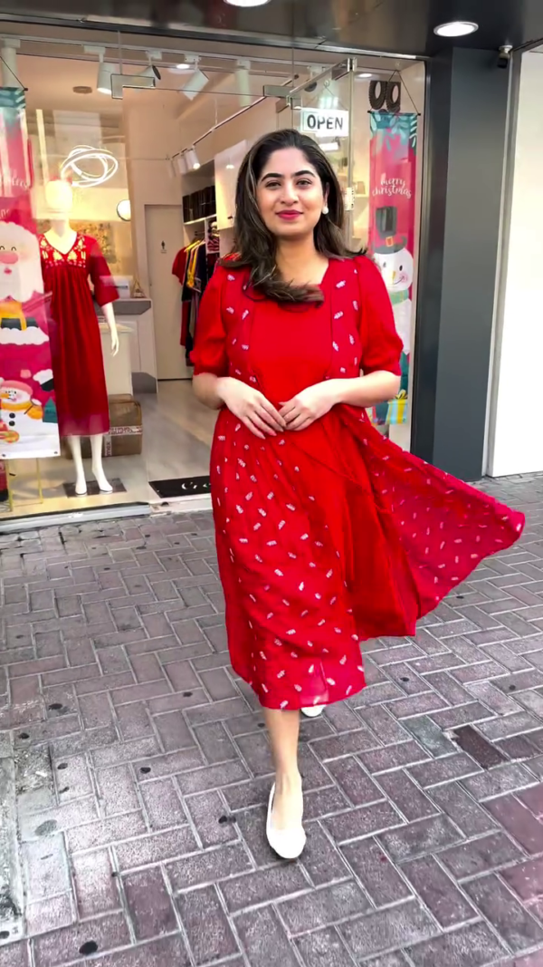 Festive Red A-Line Kurta Dress Set with Delicate Embroidered Yoke and Printed Pattern Dupatta – Soft, Flowing Fabric with Elbow Sleeves and Notched Neckline, Perfect for Celebrations, Day Events, and Cheerful Gatherings - Image 2