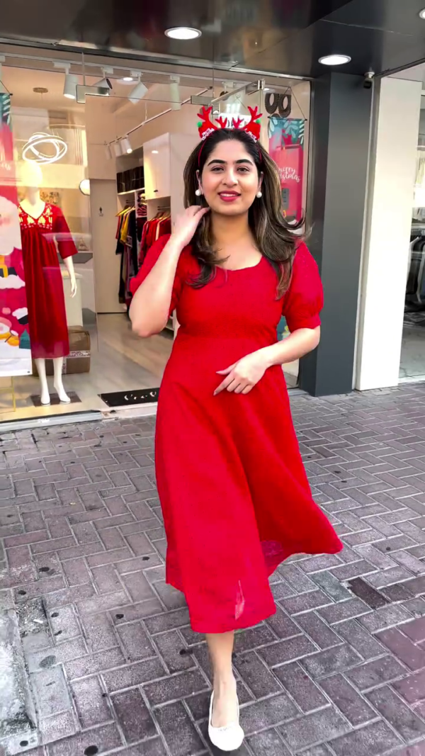 Festive Red A-Line Kurta Dress Set with Delicate Embroidered Yoke and Printed Pattern Dupatta – Soft, Flowing Fabric with Elbow Sleeves and Notched Neckline, Perfect for Celebrations, Day Events, and Cheerful Gatherings - Image 3