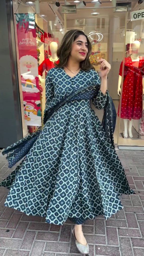 Navy Blue Flared Anarkali Kurta Set with All-Over Geometric Print and Matching Printed Dupatta – Soft, Flowing Fabric with V-Neckline and Full Sleeves, Ideal for Festive Gatherings, Ethnic Celebrations, and Daytime Functions