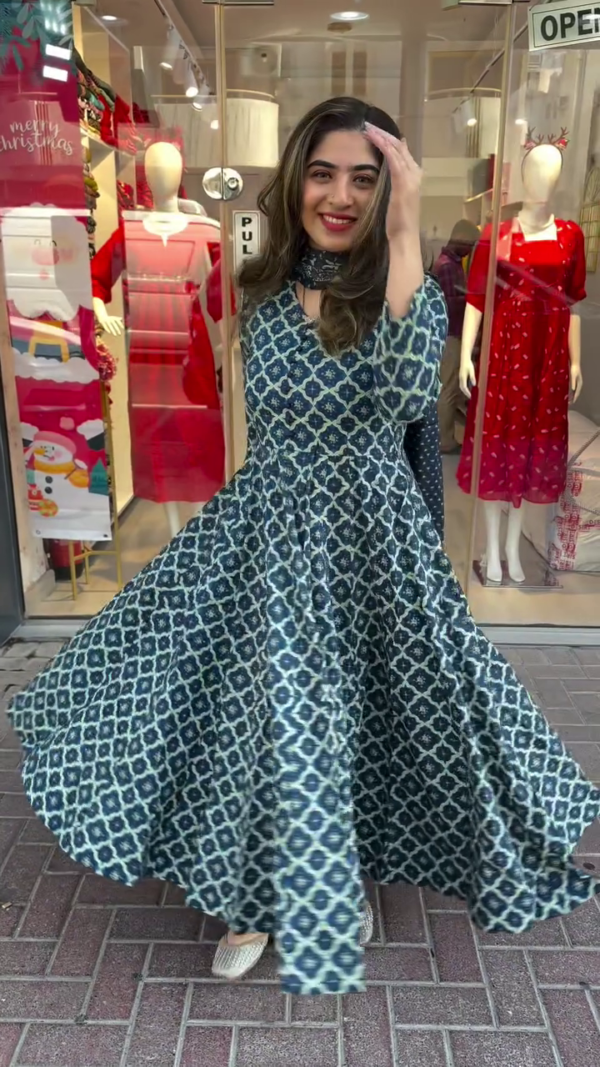 Navy Blue Flared Anarkali Kurta Set with All-Over Geometric Print and Matching Printed Dupatta – Soft, Flowing Fabric with V-Neckline and Full Sleeves, Ideal for Festive Gatherings, Ethnic Celebrations, and Daytime Functions - Image 2