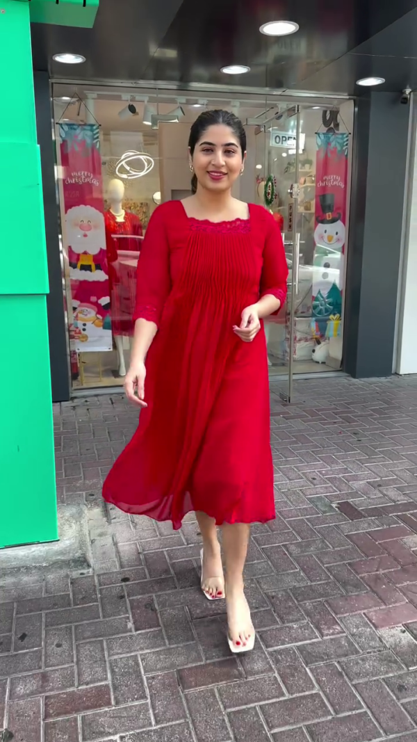 Chic Solid Red Flared Midi Kurta Dress with Delicate Lace Detailing on Square Neckline and Sleeves – Flowy, Lightweight Fabric with Pleated Front and Three-Quarter Sleeves, Perfect for Festive Gatherings, Casual Outings, and Special Day Events - Image 2
