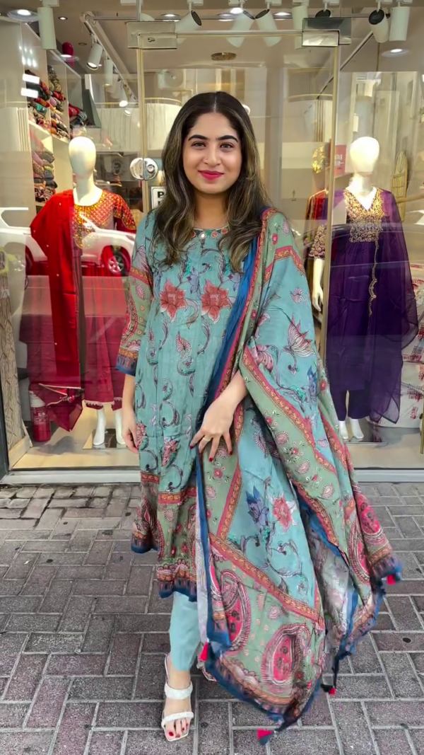 Teal Blue Kurta Set Adorned with All-Over Floral and Paisley Prints, Paired with a Coordinated Flowing Dupatta Featuring Contrasting Borders and Tassel Detailing – Soft, Breathable Fabric with Three-Quarter Sleeves and Straight Pants, Ideal for Day Events, Festive Occasions, and Ethnic Gatherings