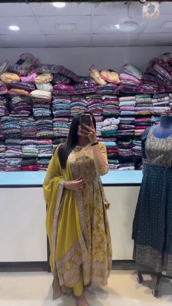 Floral Printed Yellow Anarkali Suit with Gota Detailing Paired with Embroidered Dupatta for a Festive Ethnic Look