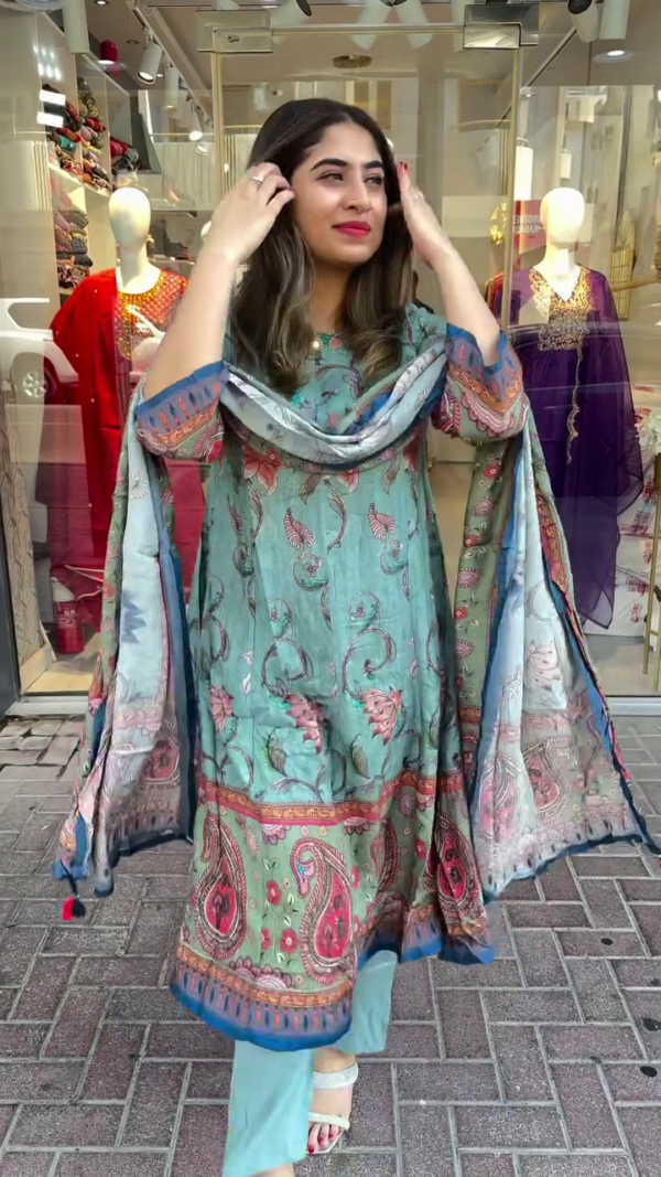 Teal Blue Kurta Set Adorned with All-Over Floral and Paisley Prints, Paired with a Coordinated Flowing Dupatta Featuring Contrasting Borders and Tassel Detailing – Soft, Breathable Fabric with Three-Quarter Sleeves and Straight Pants, Ideal for Day Events, Festive Occasions, and Ethnic Gatherings - Image 2