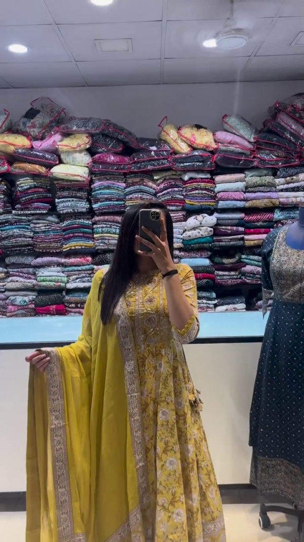 Floral Printed Yellow Anarkali Suit with Gota Detailing Paired with Embroidered Dupatta for a Festive Ethnic Look - Image 2