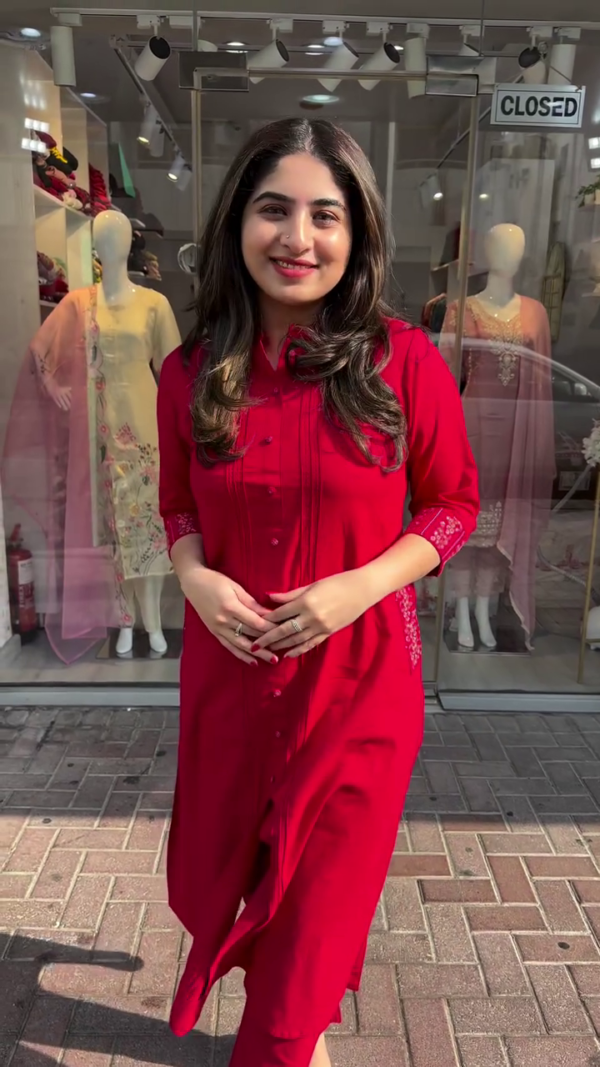 Solid Red Straight-Cut Kurta Set with Fabric Buttons and Tonal Stitch Detailing, Paired with Matching Pants – Crafted in Soft, Comfortable Fabric with Three-Quarter Embroidered Sleeves and Side Slits, Ideal for Workwear, Casual Days, and Elegant Everyday Looks - Image 2