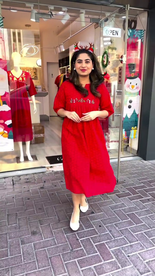 Charming Red Embroidered Dress with Pleated Detail for a Festive and Cozy Look