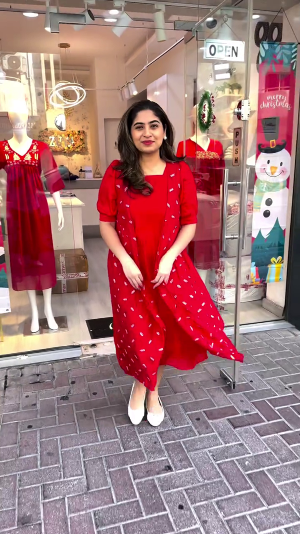 Charming Red Embroidered Dress with Pleated Detail for a Festive and Cozy Look - Image 2