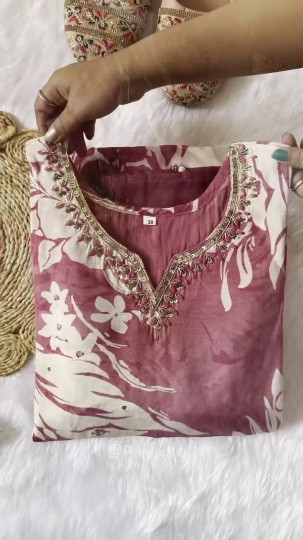 Elegant Maroon and Cream Floral Printed Kurti Set with Delicate Gold Embroidery on the Neckline, Paired with a Coordinated Dupatta