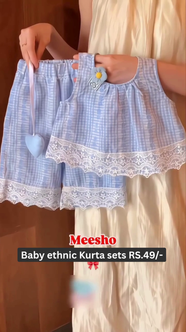 Adorable Baby Ethnic Kurta Set – Light Blue and White Checkered Sleeveless Top with Lace Hem Paired with Matching Shorts, Perfect for Festive and Casual Wear