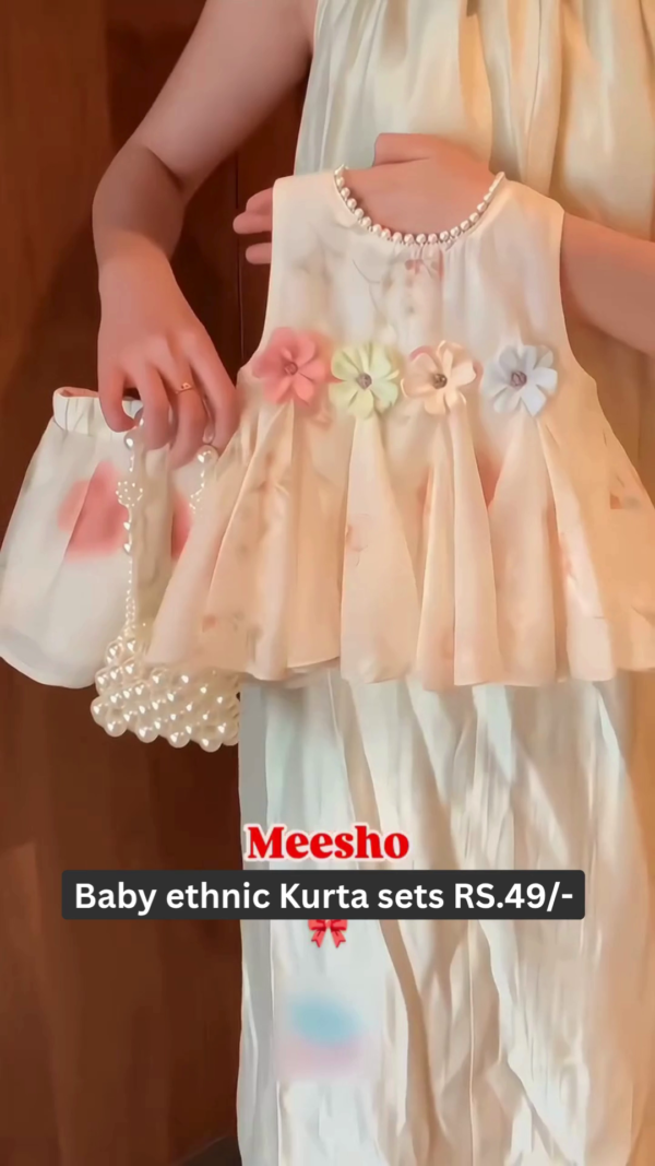 Adorable Baby Ethnic Kurta Set – Light Blue and White Checkered Sleeveless Top with Lace Hem Paired with Matching Shorts, Perfect for Festive and Casual Wear - Image 2