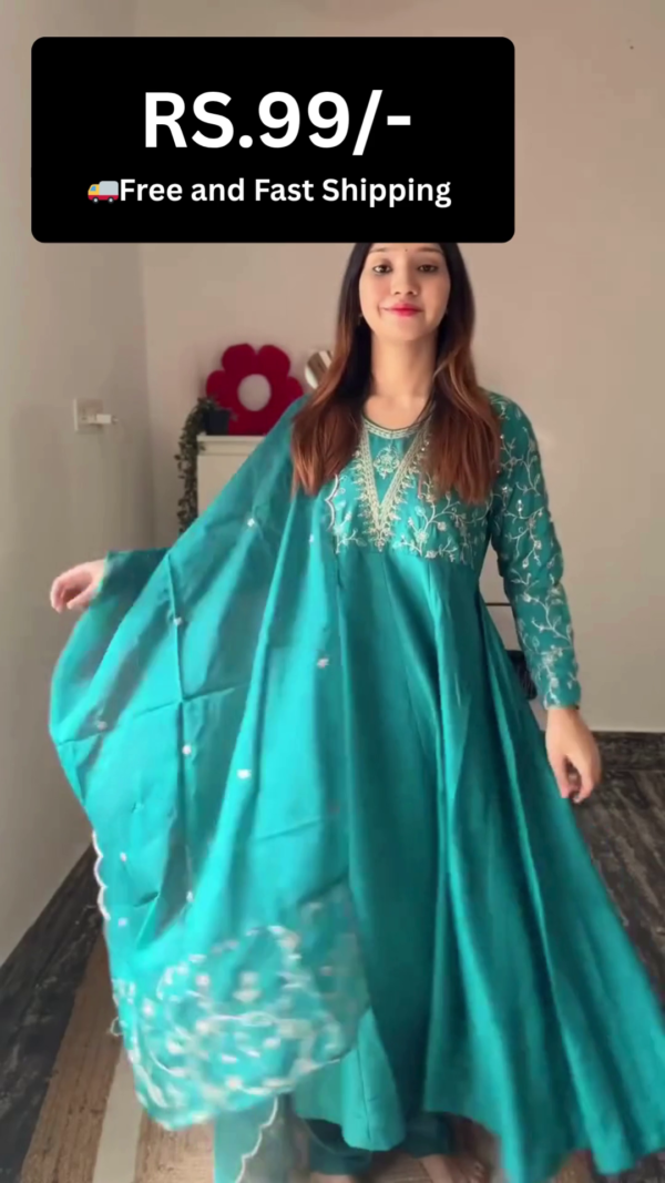 Elegant Anarkali Suit – Rich Mustard Yellow Long Flared Kurta with Intricate Embroidery at the Neckline, Paired with Matching Pants and a Dupatta Featuring Scalloped Edges; Also Available in Sky Blue Color - Image 2
