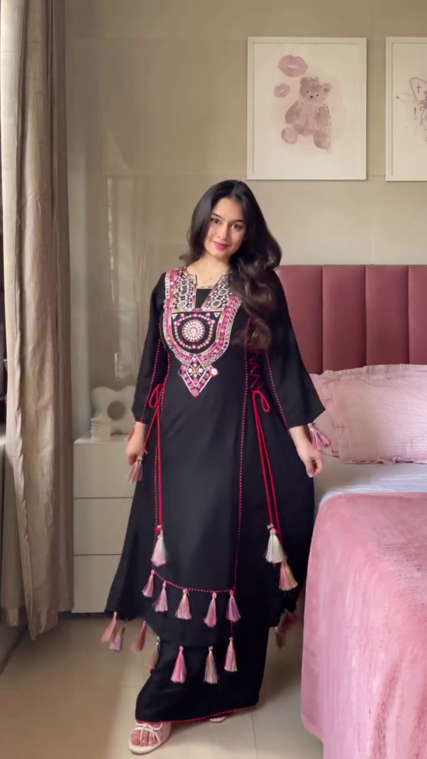 Women's Traditional Embroidered Afghani Mirror Work Kurti Set with Tassel Detailing – Elegant Festive Ethnic Wear in Black and Off-White Variants