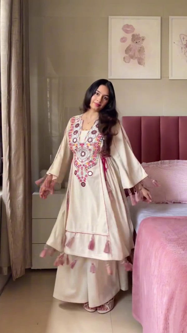 Women's Traditional Embroidered Afghani Mirror Work Kurti Set with Tassel Detailing – Elegant Festive Ethnic Wear in Black and Off-White Variants - Image 2