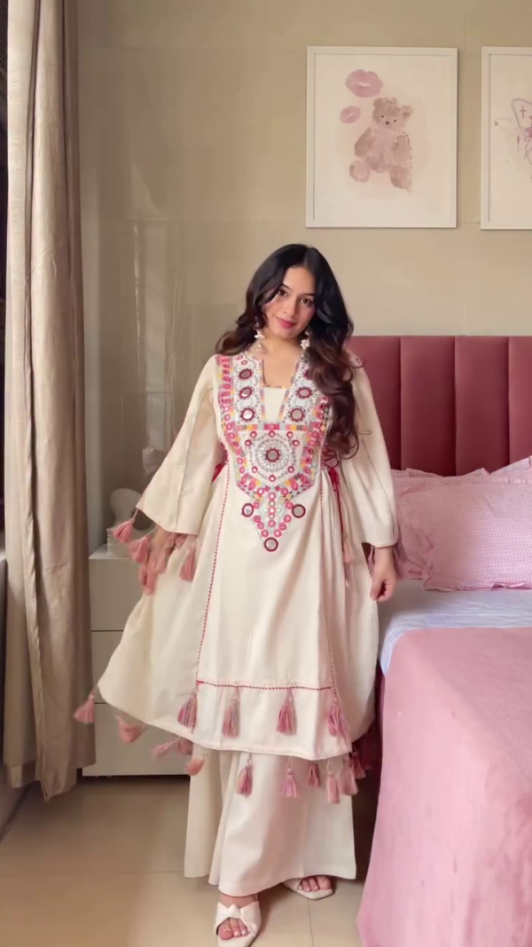 Women's Designer Ethnic Kurti Palazzo Set Combo – Premium Mirror Work & Tassel Embellished Kurti Sets in Off-White, Black & Navy Blue