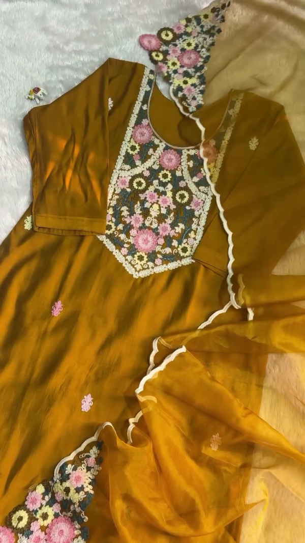 Mustard Yellow Embroidered Anarkali Set with Floral Threadwork and Chiffon Dupatta with Delicate Lace Detailing