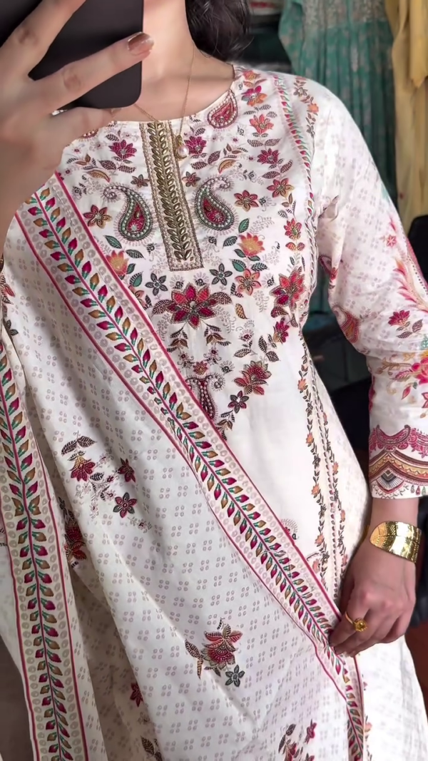 Traditional White Floral Embroidered Kurta with Paisley Designs and Intricate Detailing – Paired with White Trouser and Matching Dupatta for Elegant Festive and Casual Wear - Image 2