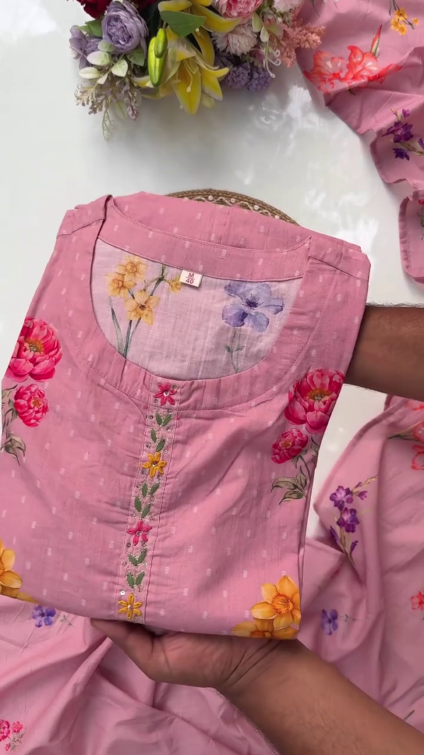 Pink Floral Printed Kurta with Colorful Embroidery and Matching Dupatta – Perfect for Casual and Semi-Formal Occasions