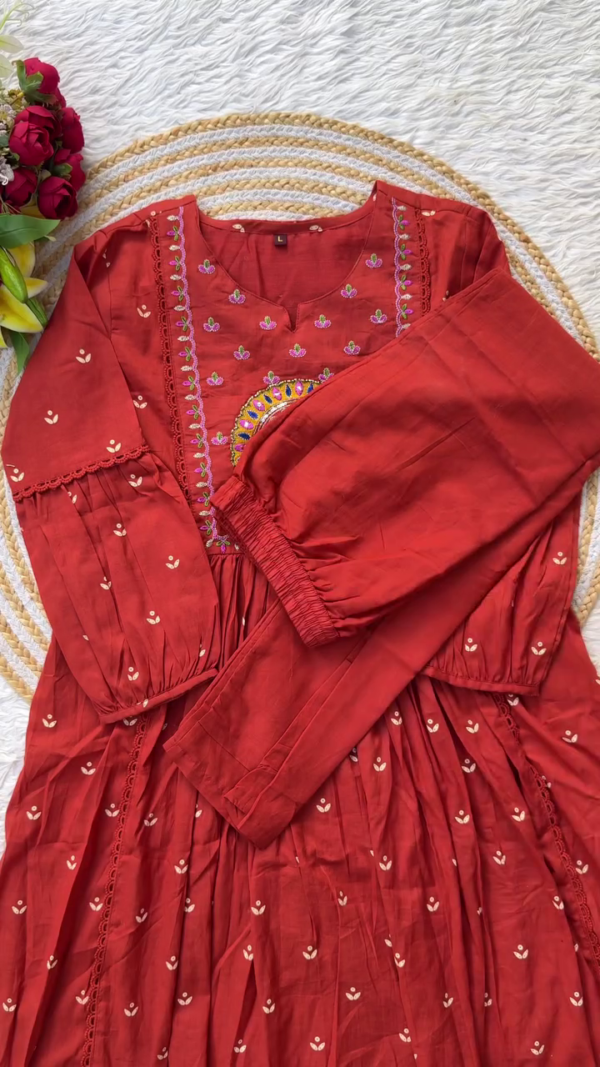 Red Embroidered Kurti with Beautiful Peacock Motif and Intricate Floral Detailing on the Sleeves, Paired with a Coordinated Embroidered Dupatta – Ideal for Festive Occasions - Image 2