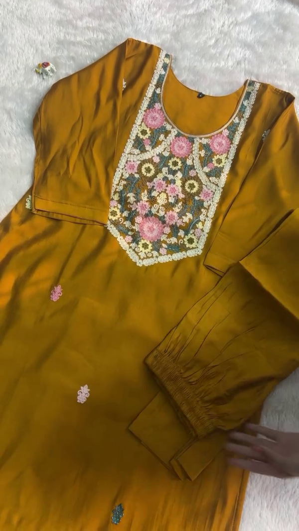 Mustard Yellow Embroidered Anarkali Set with Floral Threadwork and Chiffon Dupatta with Delicate Lace Detailing - Image 2