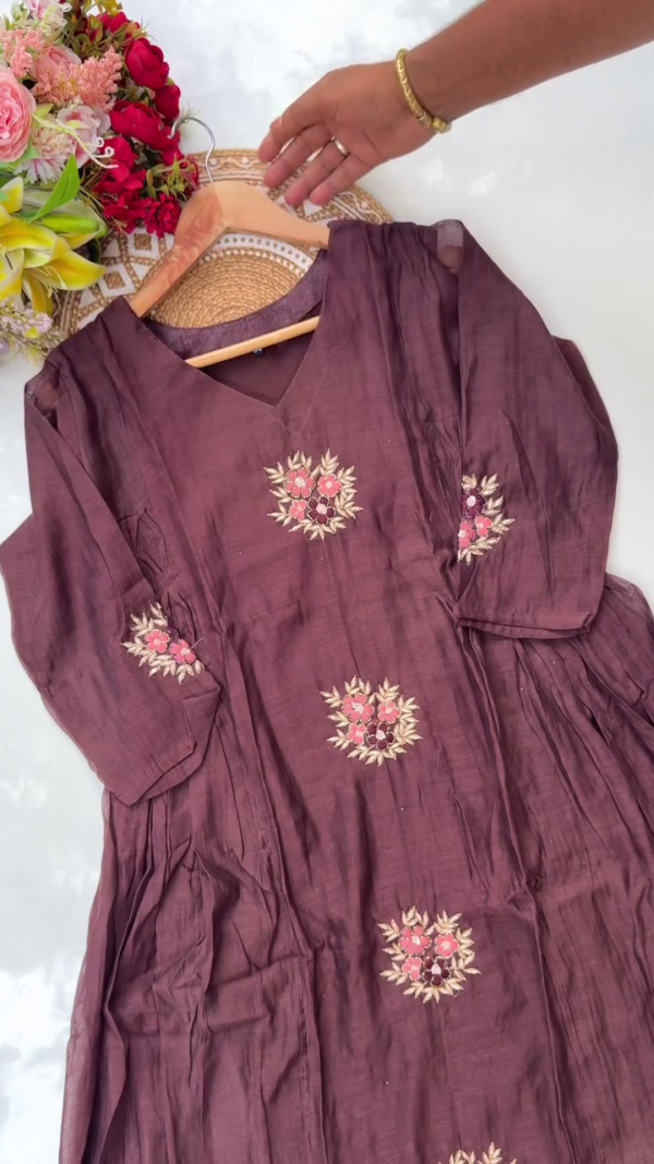 Rich Maroon Embroidered Kurta with Floral Detailing and Matching Sheer Dupatta – Perfect for Traditional and Festive Occasions