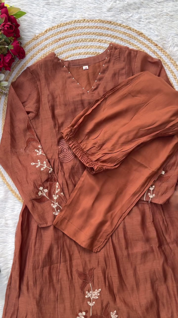 Brown Embroidered Kurti with Delicate Floral and Circular Detailing, Paired with a Soft, Coordinated Dupatta – Perfect for Casual and Festive Wear - Image 2