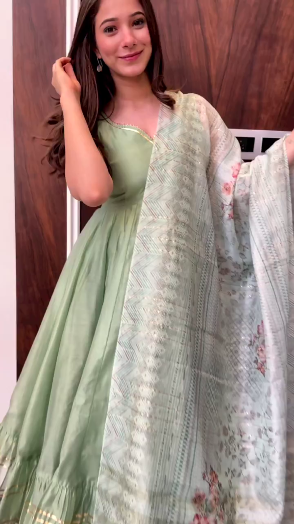Elegant Mint Green Anarkali Dress with Floral Dupatta – Perfect for Daytime Occasions and Casual Festivities