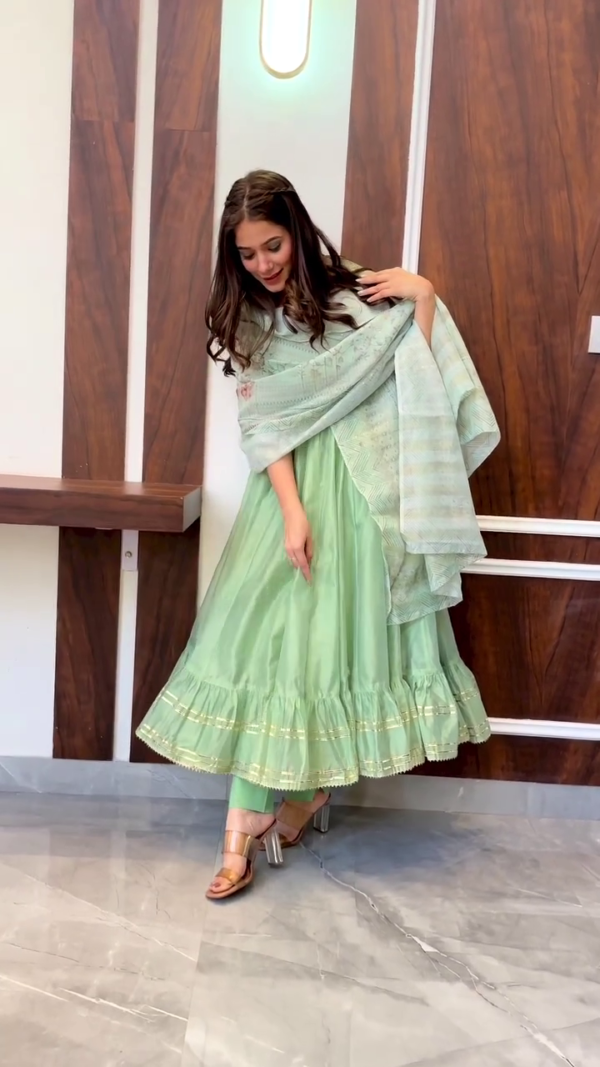 Elegant Mint Green Anarkali Dress with Floral Dupatta – Perfect for Daytime Occasions and Casual Festivities - Image 2