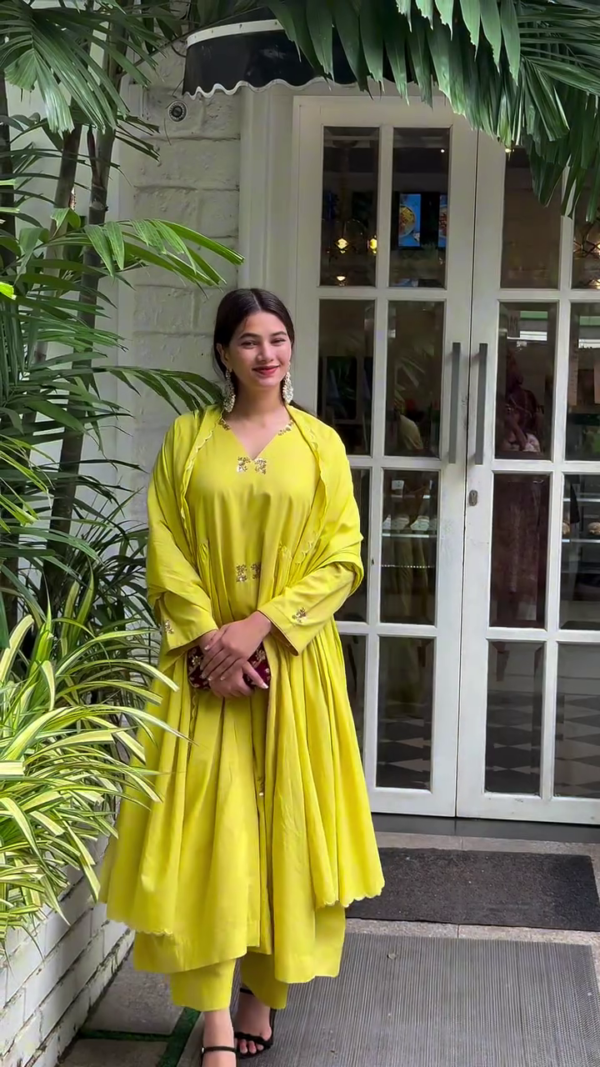 Bright Yellow Embroidered Anarkali Kurta Set with Matching Dupatta – Elegant Traditional Wear for Festive and Casual Occasion