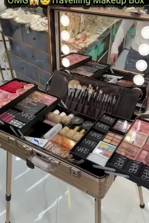 Professional Travelling Makeup Box with LED Mirror – Full Cosmetic Kit Including Eyeshadow Palettes, Brushes, Lipsticks, Foundation, Highlighter, and Complete Beauty Essentials for Makeup Artists and Personal Use