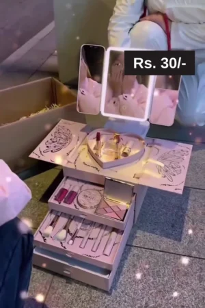 All-in-One Makeup Gift Box with LED Foldable Mirror – Includes Lipsticks, Brushes, Compact, Eyeshadow, Highlighter and Beauty Essentials in Elegant Heart-Shaped Packaging for Travel, Party and Daily Use