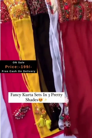 Fancy Embroidered Kurta Sets for Women with Mirror Work and Tassel Detailing in 3 Pretty Shades – Stylish Ethnic Wear for Festivals and Parties