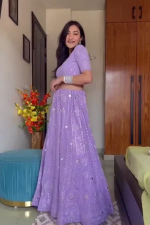 Graceful Lilac Sequin-Embroidered Lehenga Choli Set with Floral and Geometric Motif Detailing – Featuring a Flared Skirt and Fitted Crop Top