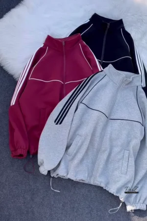 Sporty Zip-Up Track Jacket with Stripe Detail – High Neck Design, Elastic Cuffs & Adjustable Hem | Stylish Casual Outerwear for Everyday Comfort | Available in Grey, Black & Maroon Colors
